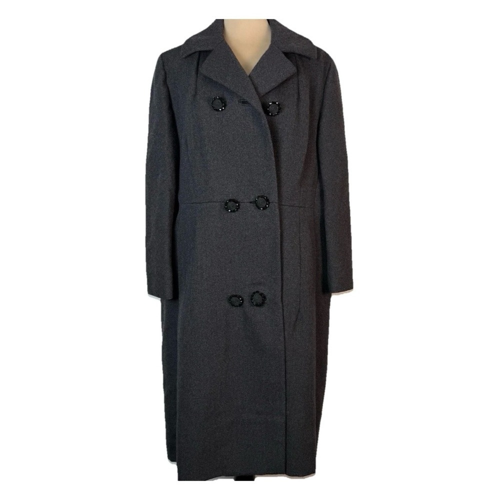 VTG Hudson’s Woodward Shops Brynwood Gray Coat Women’s Rose Buttons 3/4 Sleeves